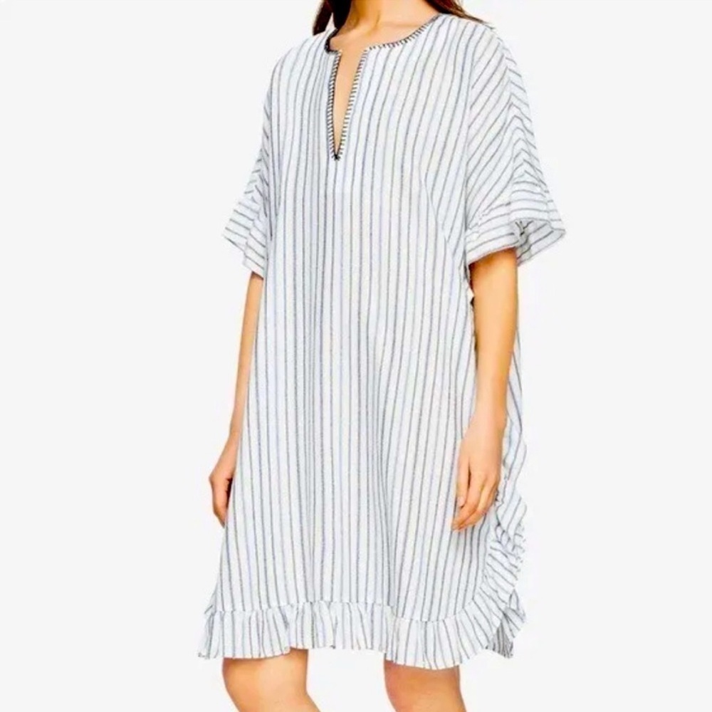 BCBG MAXAZRIA DOVE BLUE WHITE STRIPE RUFFLE EDGE CAFTAN DRESS WOMENS XS/SMALL